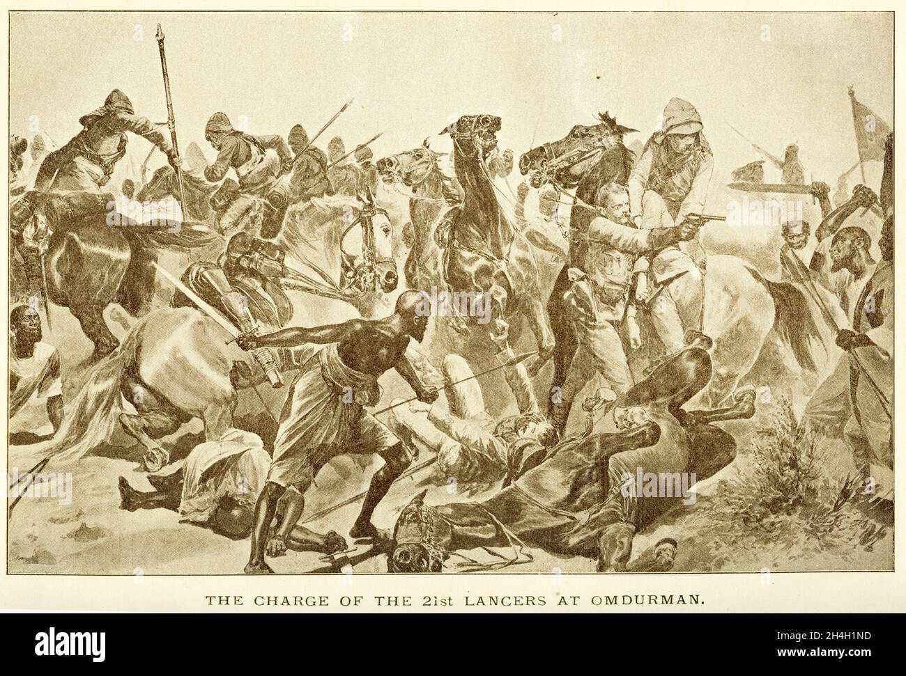 Die Schlacht von Omdurman im Jahr 1898 (die tatsächlich im nahegelegenen Dorf Kerreri stattfand), als Lord Kitchener die mahdistischen Truppen entscheidend besiegte. Im folgenden Jahr töteten britische Truppen Abdallahi ibn Muhammad, den Khalifa, und sicherten damit die britische Kontrolle über den Sudan. Stockfoto