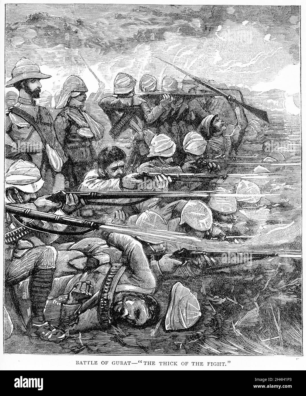 Gravur von britischen Truppen, die in der Schlacht von Abu Kruu (auch bekannt als die Schlacht von Gubat) Teil der britischen Sudan-Kampagne kämpfen. Es wurde am 19. Januar 1885, zwei Tage nach der Schlacht von Abu Klea, zwischen den Briten und den Mahdisten ausgetragen. Stockfoto