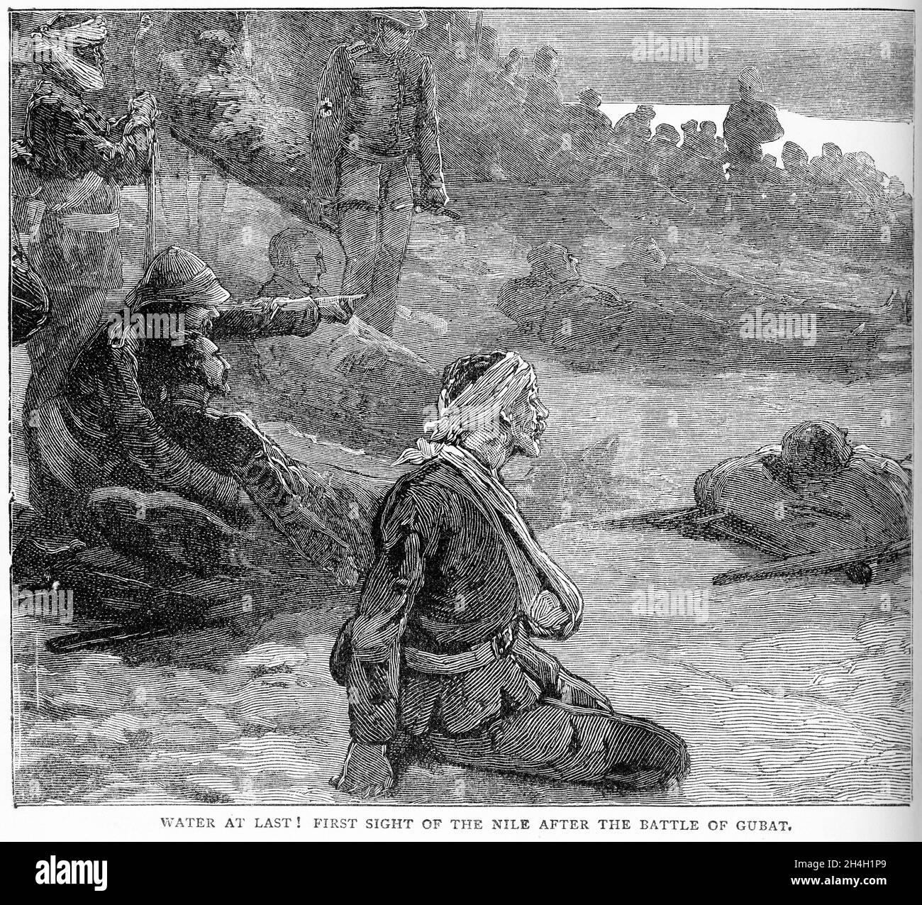 Gravur des Endes der Schlacht von Abu Kruu (auch bekannt als Schlacht von Gubat) Teil der Kampagne des britischen Sudan. Es wurde am 19. Januar 1885, zwei Tage nach der Schlacht von Abu Klea, zwischen den Briten und den Mahdisten ausgetragen. Stockfoto