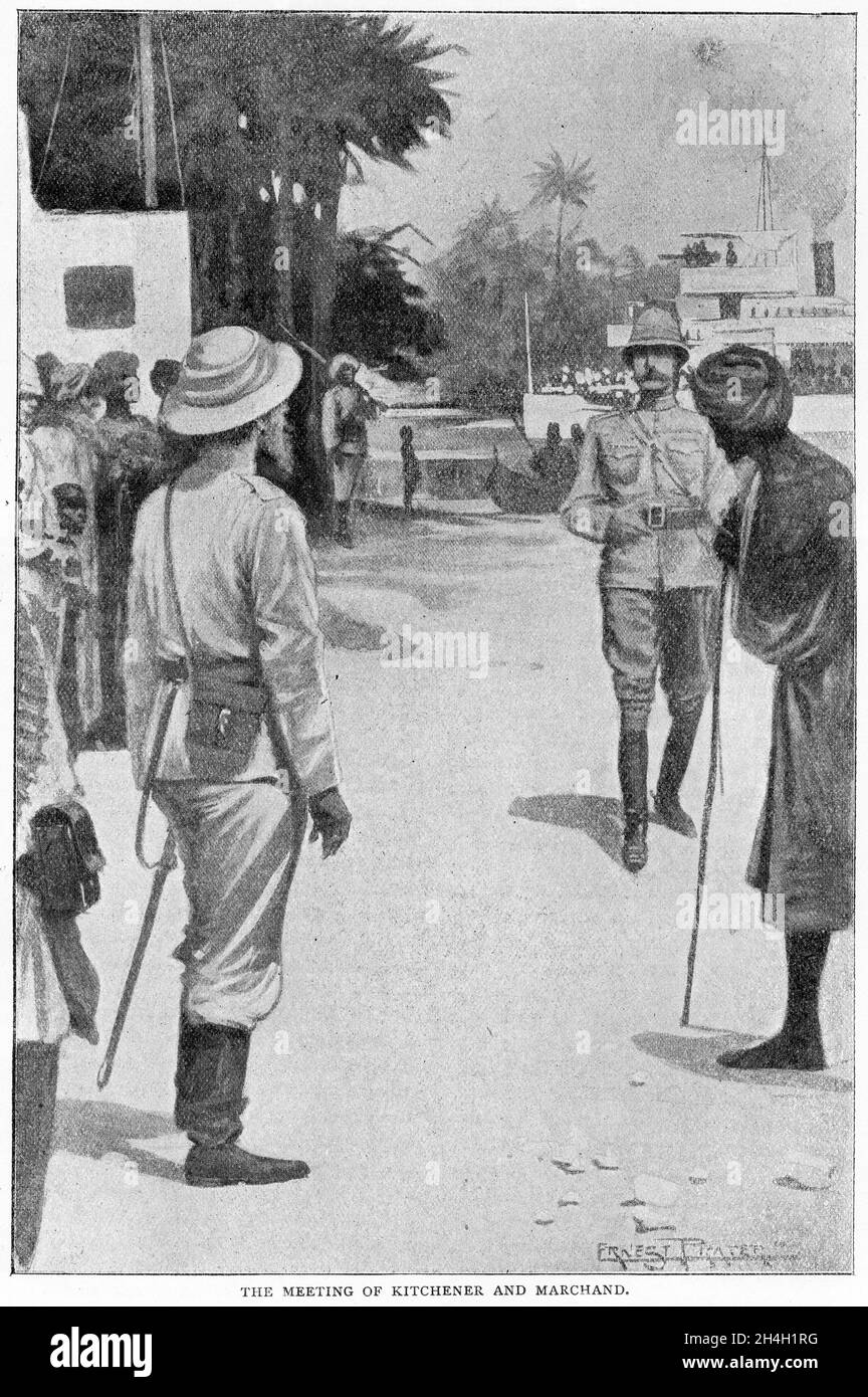 General Kitchener trifft den französischen Major Marchand, der während des Fashoda-Vorfalls 1898 den Höhepunkt der imperialen Territorialstreitigkeiten zwischen Großbritannien und Frankreich in Ostafrika erreichte Stockfoto