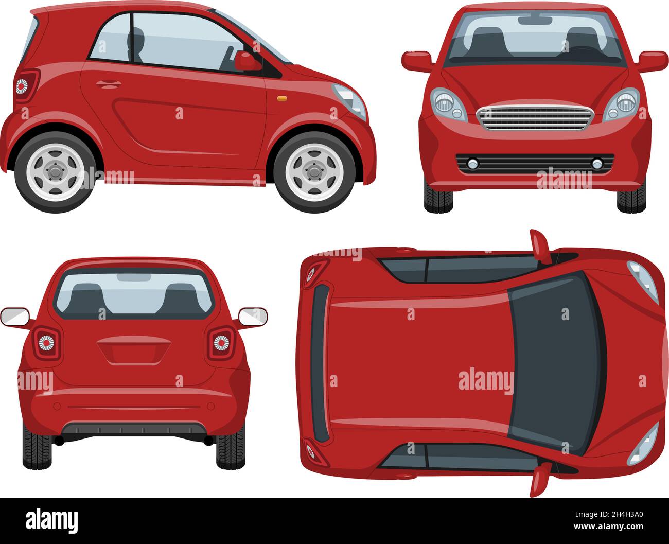 Kleine Auto-Vektor-Vorlage mit einfachen Farben ohne Verläufe und Effekte. Ansicht von der Seite, von vorne, von hinten und von oben Stock Vektor