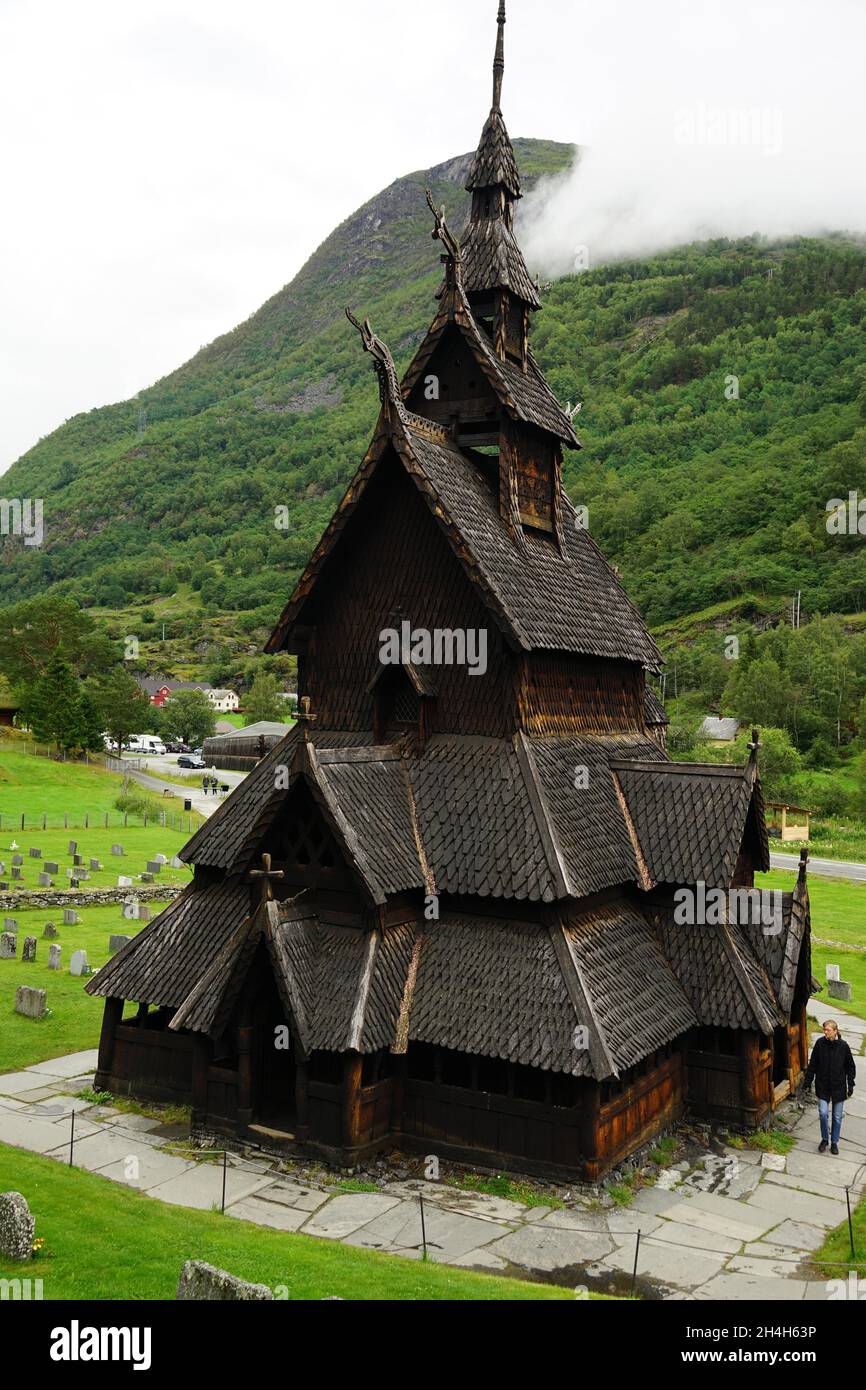 Stabkirche Borgund, Borgund, Gemeinde Laerdal, Provinz Sogn Og Fjordane, Norwegen Stockfoto