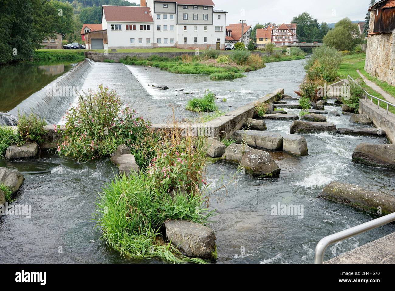 Fischleiter, Werra, Brückenmühle, alte Stadtmauer, Wehr, Themar, Thüringen, Deutschland Stockfoto