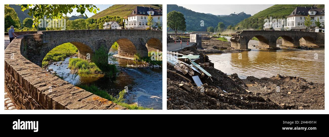 Die Nepomuk-Brücke über die Ahr vor und nach der Flutkatastrophe 2021, Rech, Ahrtal, Eifel, Rheinland-Pfalz, Deutschland Stockfoto