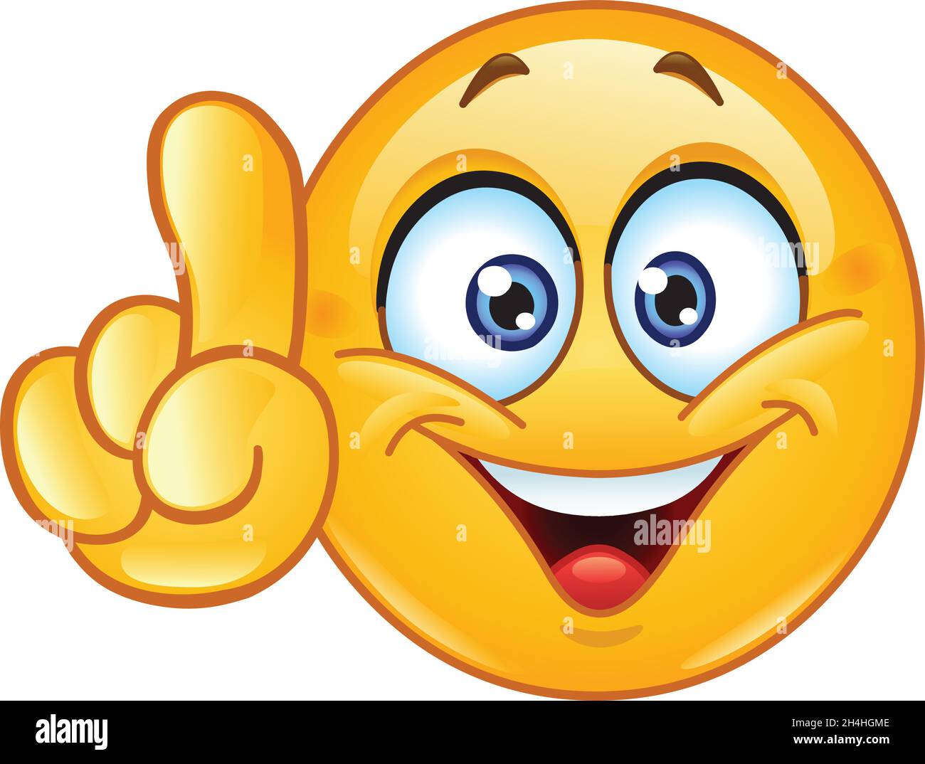 Fröhliches EmojiEmoticon, das nach oben zeigt und eine Idee hat Stock