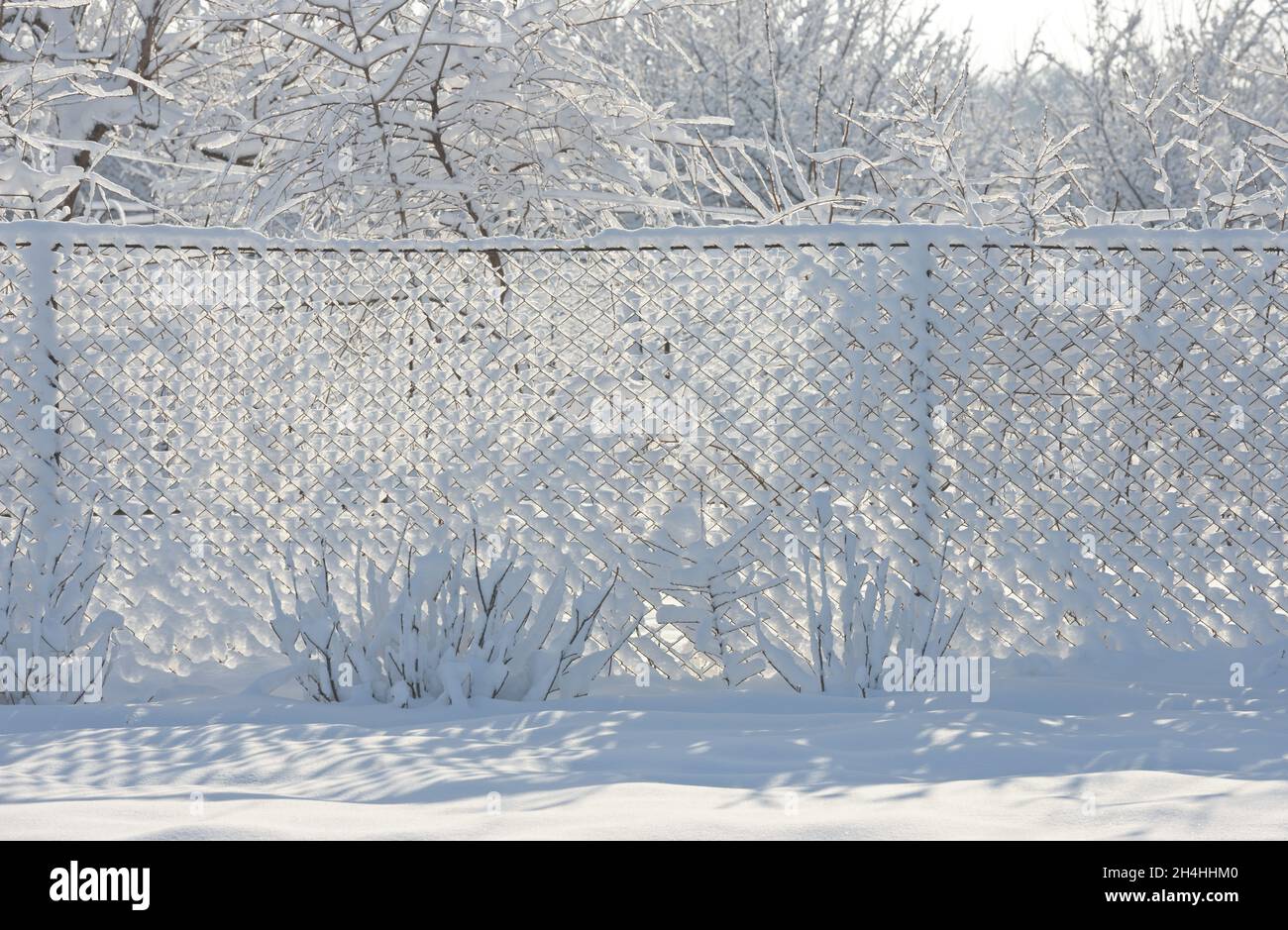 Nahaufnahme von vielen Zellen des Kettengliederzauns, die mit hellweißem Neuschnee in der Sonne im Hintergrund des Wintermorgens bedeckt sind. Stockfoto
