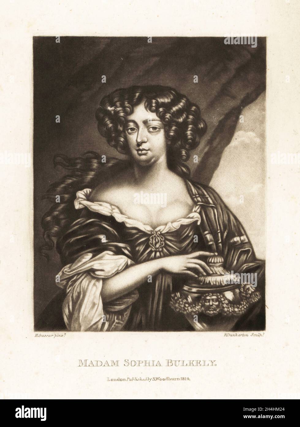 Sophia Bulkely (geb. Stuart), um 1660-1718, schottischer Jacobite-Höfling. Ehefrau von Henry Bulkeley, Dame des Schlafraums der Königin Maria von Modena. Frau Sophia Bulkely. Mezzotinta-Stich von Robert Dunkarton nach einem Porträt von Henry Gascar aus Richard Earlom und Charles Turners Portraits of Characters Illustrious in British History graviert in Mezzotinto, herausgegeben von S. Woodburn, London, 1814. Stockfoto