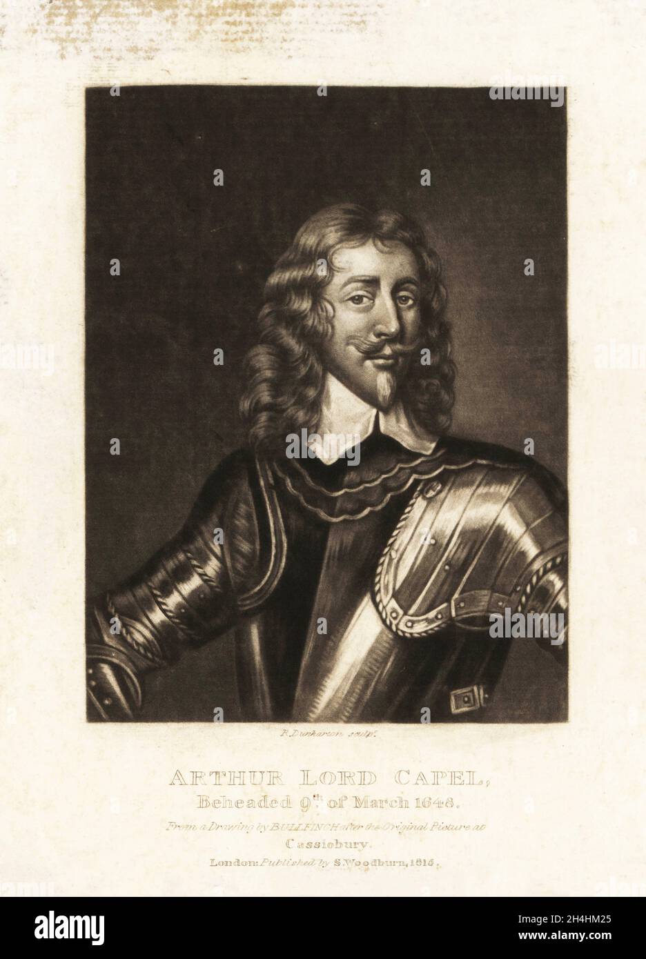 Arthur Capell, 1. Baron Capell of Hadham, 1608- 1649, Royalistischer Politiker und Schriftsteller, Gericht von König Karl I., während des englischen Bürgerkrieges. Arthur, Lord Capel. Mezzotinta-Stich von Robert Dunkarton nach einer Zeichnung von John Bullfinch eines Porträts im Cassiobury House aus Richard Earlom und Charles Turners Portraits of Characters Illustrious in British History Graved in Mezzotinto, herausgegeben von S. Woodburn, London, 1815. Stockfoto