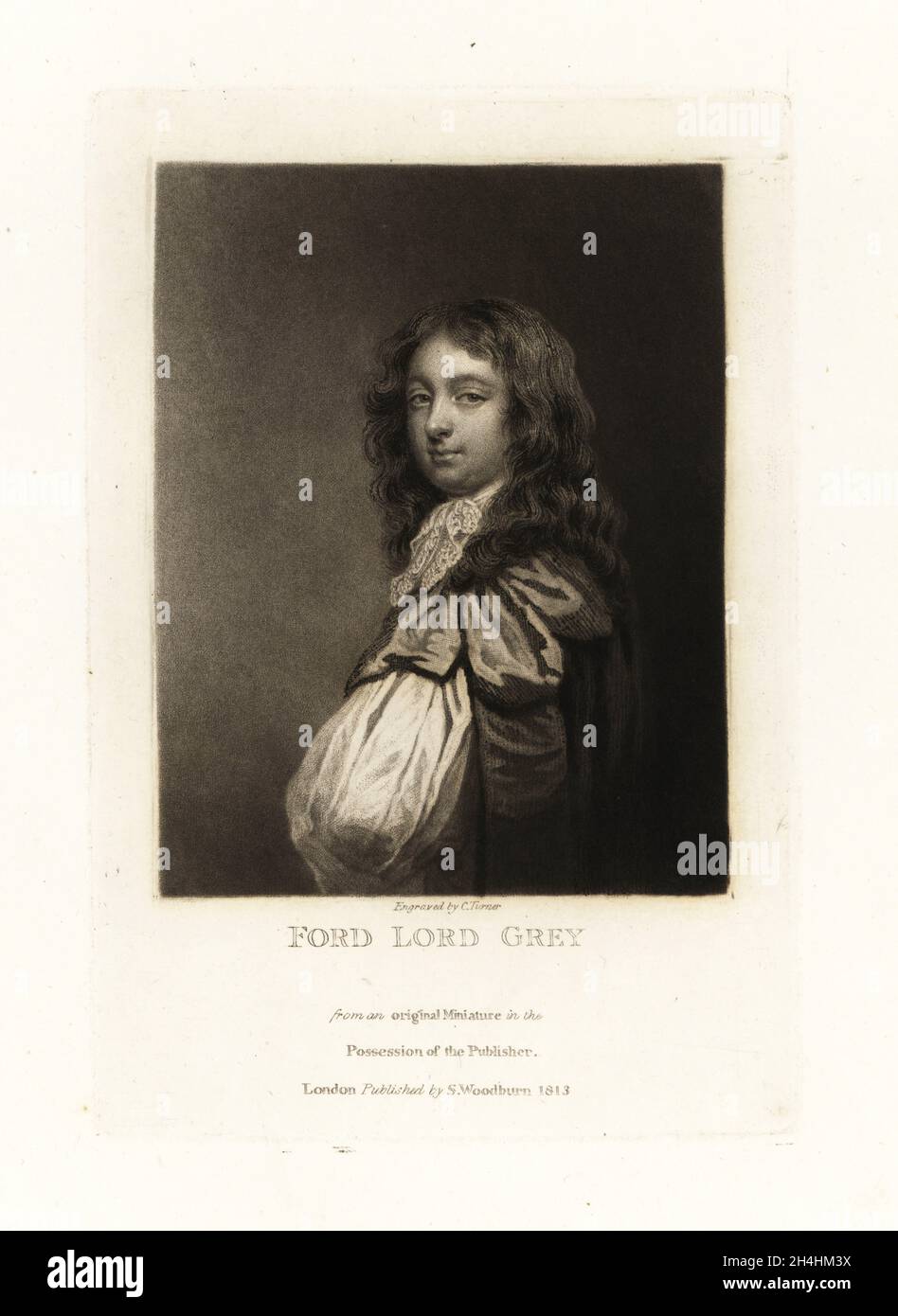Ford Gray, 1. Earl of Tankerville, 1655- 170, 1. Viscount Glendale, 3. Baron Gray of Werke, englischer Adliger, Whig-Politiker und Staatsmann, beteiligt am Rye House Plot. Ford, Lord Gray. Mezzotinta-Stich von Charles Turner nach einem original Miniaturportrait aus Richard Earlom und Charles Turners Portraits of Characters Illustrious in British History graviert in Mezzotinto, herausgegeben von S. Woodburn, London, 1813. Stockfoto