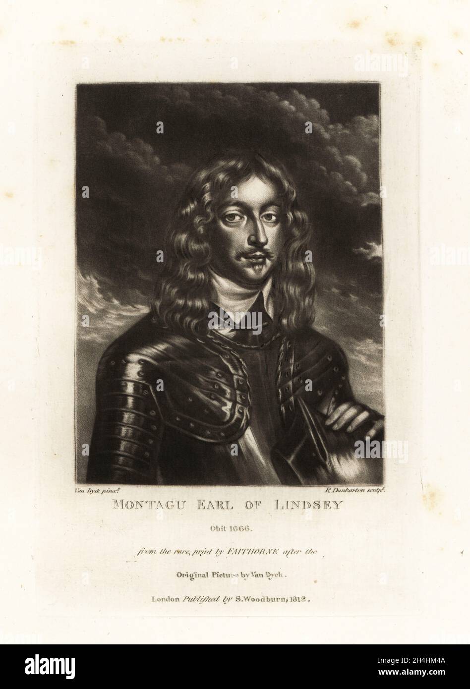 Montagu Bertie, 2. Earl of Lindsey, Baron Willoughby de Eresby, 1608-1666. Englischer Royalistischer Soldat, Höfling und Politiker. In Parade-Rüstung mit Helm, unifarbener Kragen über Gorget. Mezzotinta-Stich von Robert Dunkarton aus einem seltenen Druck von William Faithorne nach einem Porträt von Sir Anthony Van Dyke aus Richard Earlom und Charles Turners Portraits of Characters Illustrious in British History Graved in Mezzotinto, herausgegeben von S. Woodburn, London, 1812. . Stockfoto