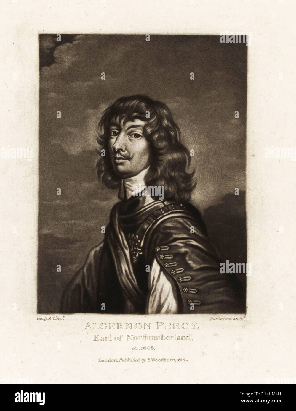 Algernon Percy, 10. Earl of Northumberland, 4. Baron Percy, 1602-1668. Englischer Aristokrat und Unterstützer der parlamentarischen Sache im englischen Bürgerkrieg. Mezzotinta-Stich von Robert Dunkarton nach einem Porträt von Sir Anthony Van Dyke aus Richard Earlom und Charles Turners Portraits of Characters Illustrious in British History Graved in Mezzotinto, herausgegeben von S. Woodburn, London, 1814. Stockfoto