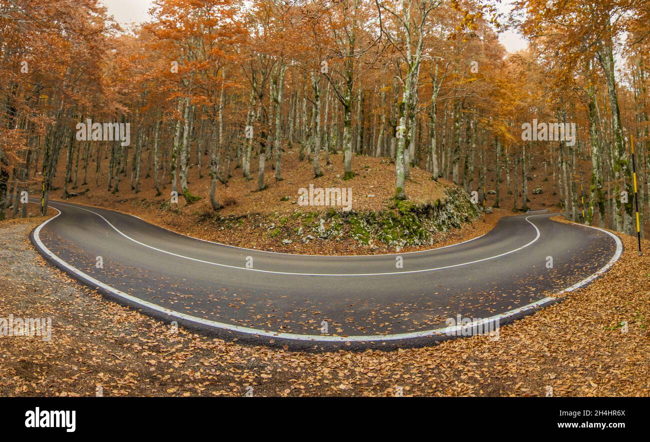 Eingebettet in die wunderschönen Abruzzen, Latium und den Molise Nationalpark, ist Forca d'Acero für seine Herbstfarben berühmt Stockfoto