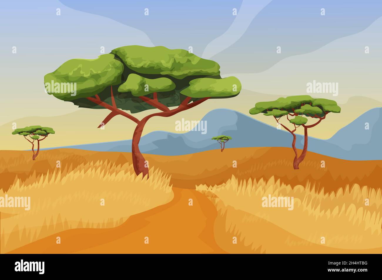 Savannah Landschaft, Landschaft mit Akazienbäumen, Straße, blauer Himmel und Berge in Cartoon-Stil isoliert auf weißem Hintergrund. Afrikanische Prärie, wilder safar Stock Vektor