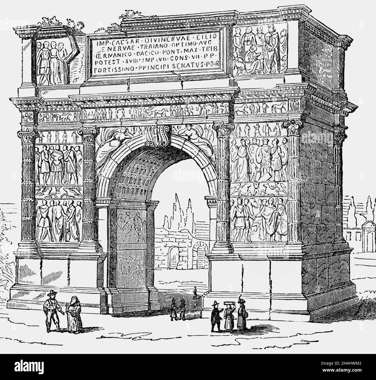 Eine Illustration des Trajansbogens aus dem späten 19. Jahrhundert, einem antiken römischen Triumphbogen in Benevento, Süditalien. Sie wurde zwischen 114 und 117 zu Ehren des Kaiser Trajan über die Via Appia an der Stelle errichtet, an der sie die Stadt erreicht. Stockfoto