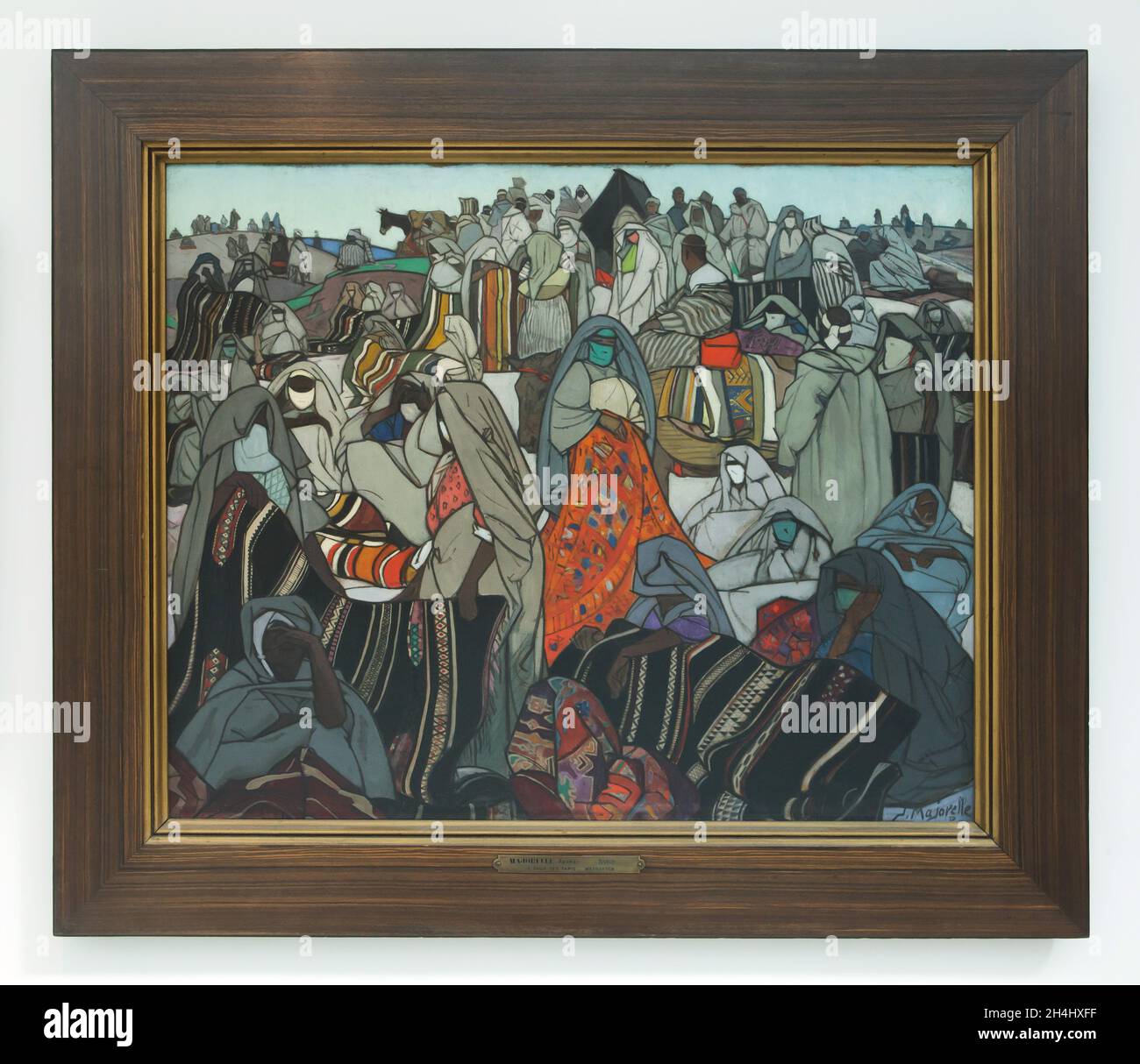 Marokkanischer Markt für ländliche Teppiche (Souk), dargestellt in dem Gemälde „Teppich-Souk“ des französischen Orientalisten Jacques Majorelle (1924), das im Museum der Schönen Künste (Musée des Beaux-Arts de Nancy) in Nancy, Frankreich, ausgestellt ist. Stockfoto