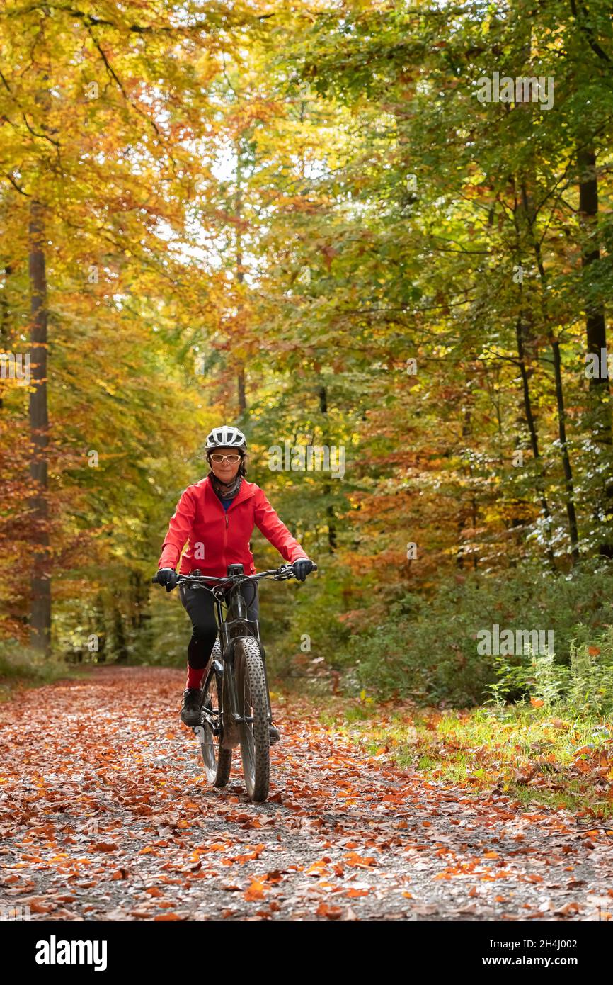 Eine hübsche ältere Frau fährt ihr Elektrofahrrad in einem bunten Herbstwald mit goldenem Laub Stockfoto