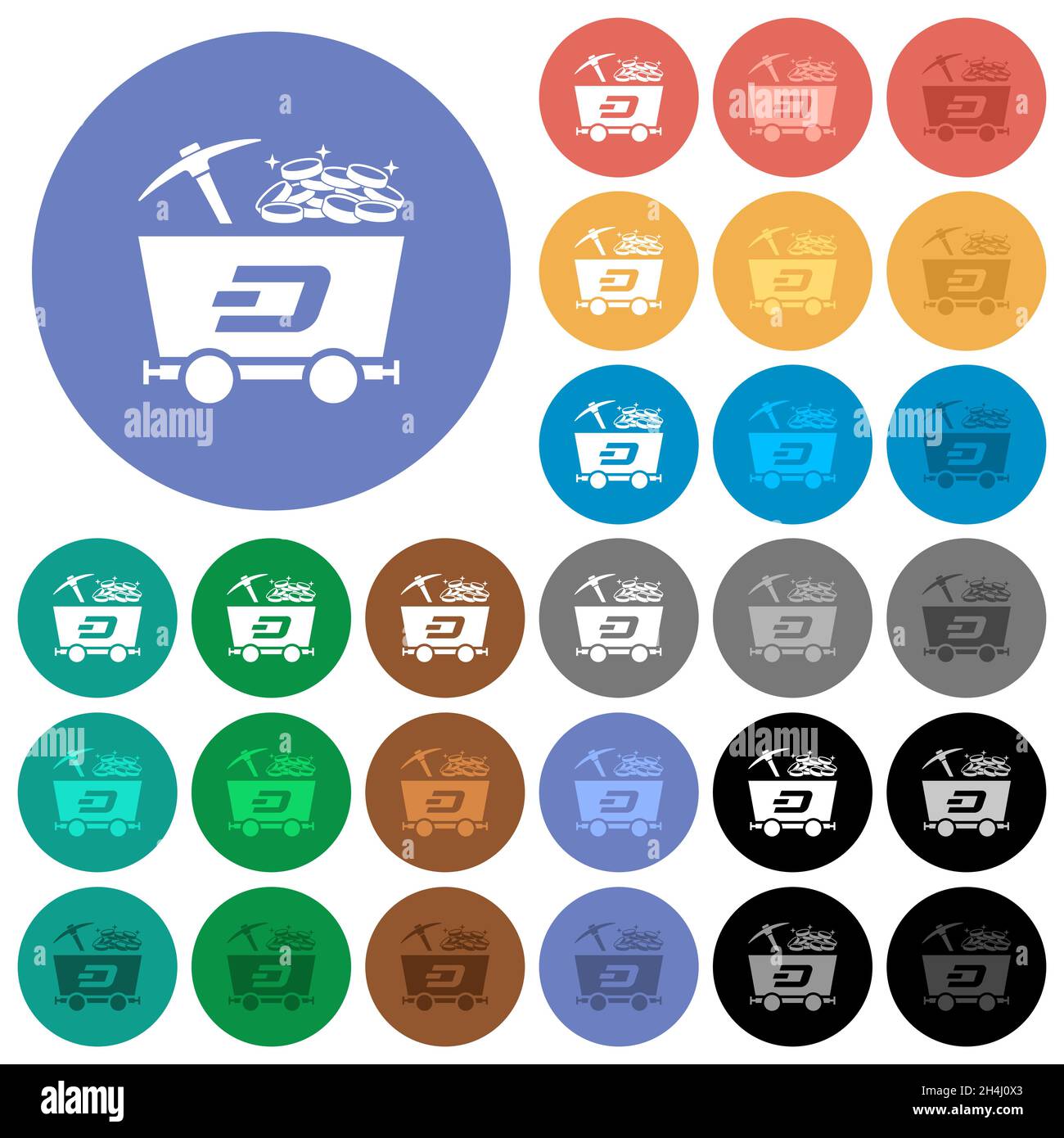 Dash Kryptowährung Mining mit Schatz mehrfarbigen flachen Symbolen auf runden Hintergründen. Im Lieferumfang enthalten sind weiße, helle und dunkle Symbolvarianten für schweben und ein Stock Vektor