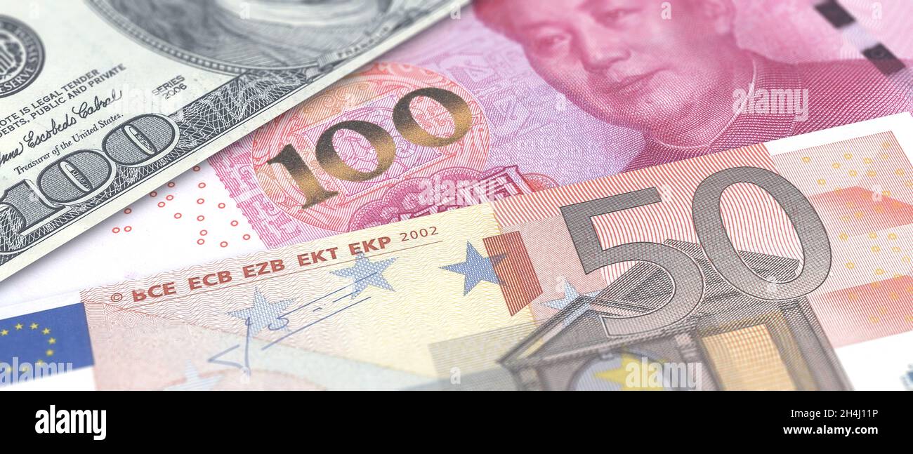Chinesischer Yuan, EU-Euro und US-Dollar, Banknoten Hintergrund. China, die Vereinigten Staaten von Amerika und die Europäische Union in Papierwährung. Global Economy Business Co Stockfoto