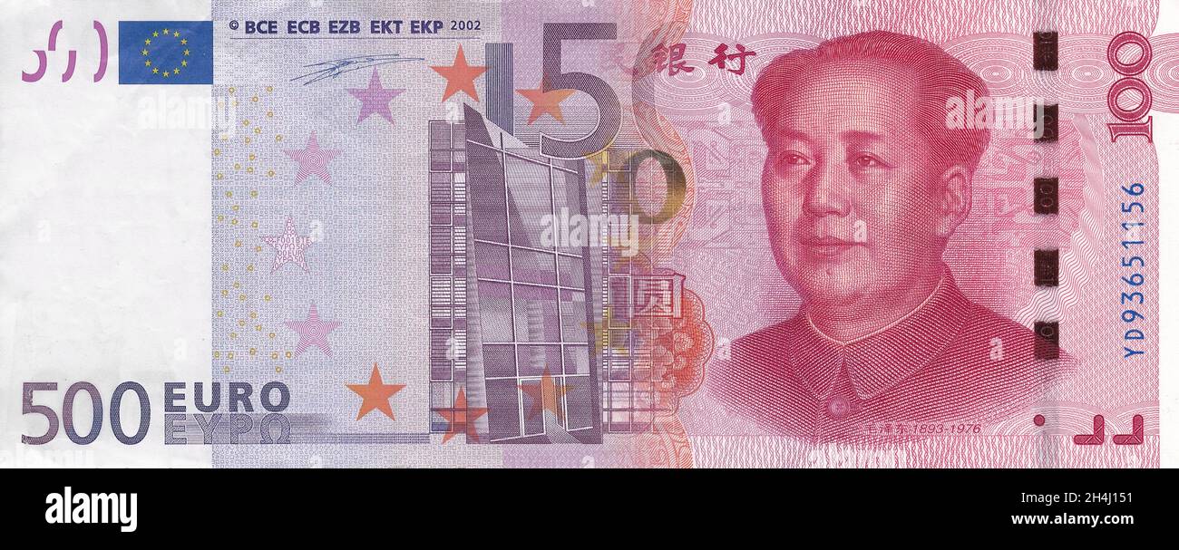 Chinesischer Yuan, EU-Euro-Banknoten Hintergrund. Papierwährungen in China und der Europäischen Union. China Europa Handel und Handel Geschäftskonzept Stockfoto