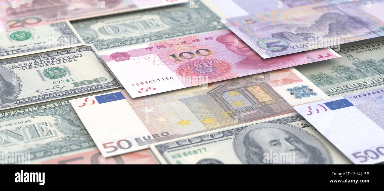 Hintergrund der Banknoten. China, die Vereinigten Staaten von Amerika und die Europäische Union in Papierwährungen. Chinesischer Yuan, EU-Euro und US-Dollar. Globale Wirtschaft Stockfoto