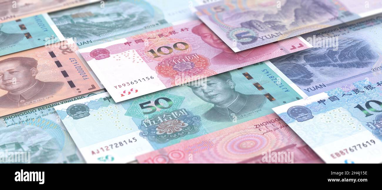 Yuan Renminbi Rechnung Banknoten Hintergrund. Chinesische Papierwährung 100, 50, 20, 10 und 5 yan. Konzept der chinesischen Wirtschaft Stockfoto