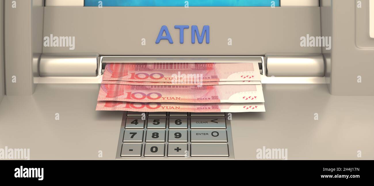 Geldautomat und chinesische Währungsabhebung. China Yuan Banknoten auf Automated Geldautomat Slot. Konzept für Bargeld, Zahlungen, Bankgeschäfte. 3d i Stockfoto