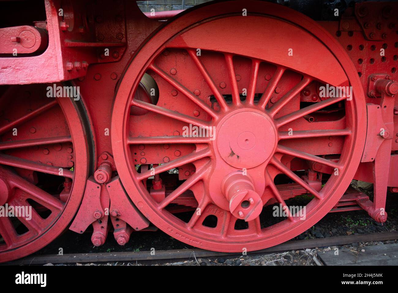 Detailfoto der Räder einer antiken Dampflokomotive Stockfoto