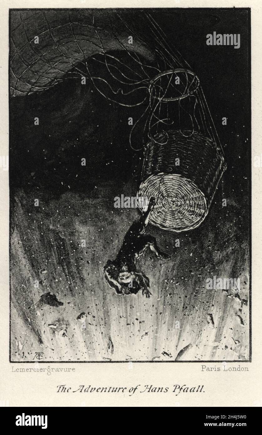 Szene aus dem Abenteuer eines Hans Pfaall, von Edgar Allan Poe. Die frühe Science-Fiction-Geschichte zeichnet die Reise einer Reise zum Mond nach Stockfoto