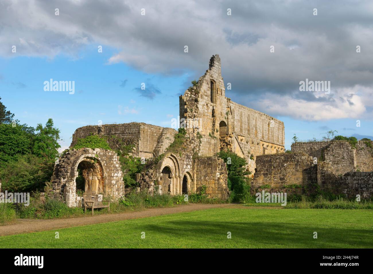 Jervaulx Abbey Yorkshire, Blick im Sommer auf die stimmungsvollen Ruinen der Jervaulx Abbey, einem Zisterzienserkloster aus dem 12th. Jahrhundert, Yorkshire, Großbritannien Stockfoto