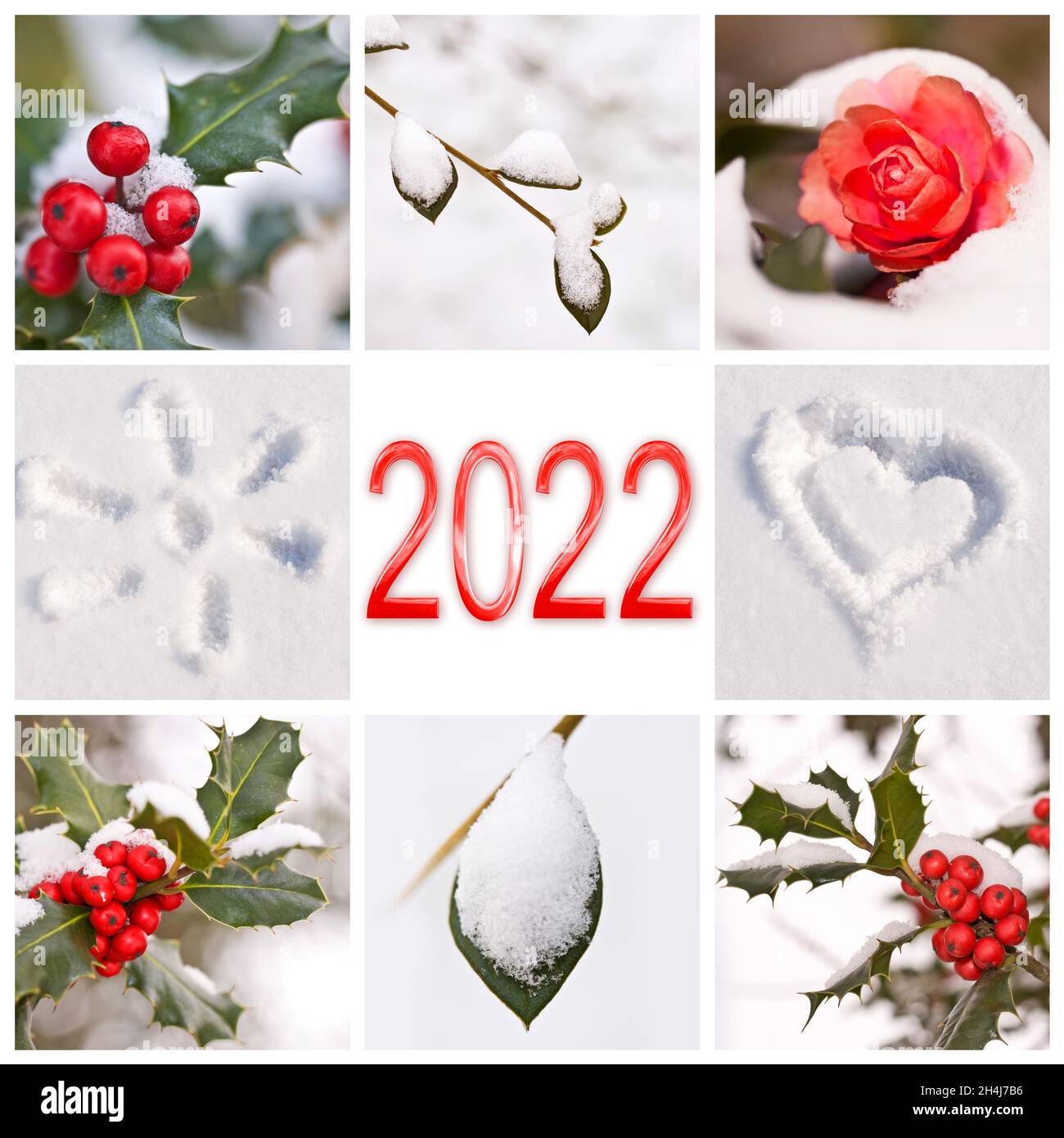 2022, Schnee und Winter rot und weiß Natur Fotos Collage, Neujahr Grußkarte Stockfoto