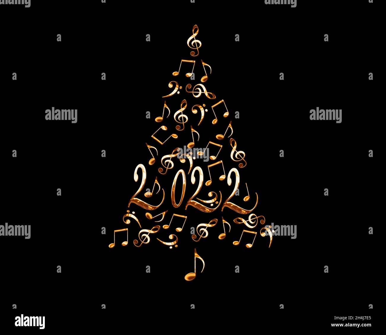 2022 weihnachtsbaum mit goldenen Metallnoten isoliert auf schwarzem Hintergrund, Musik-Neujahr-Karte Stockfoto