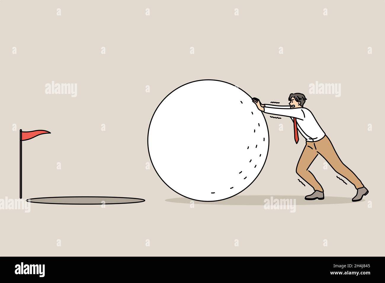 Geschäftsziel und Achieving Concept. Junge aktive Geschäftsmann Cartoon Mann Rollen riesigen Ball zum Ziel mit roten Finish Flagge Vektor Illustration Stock Vektor