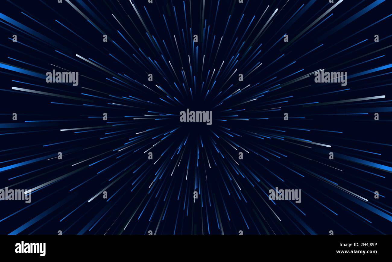 Blau-weiße Geschwindigkeitslichter abstrakter Hintergrund reisen durch Zeit und Raum. Stock Vektor