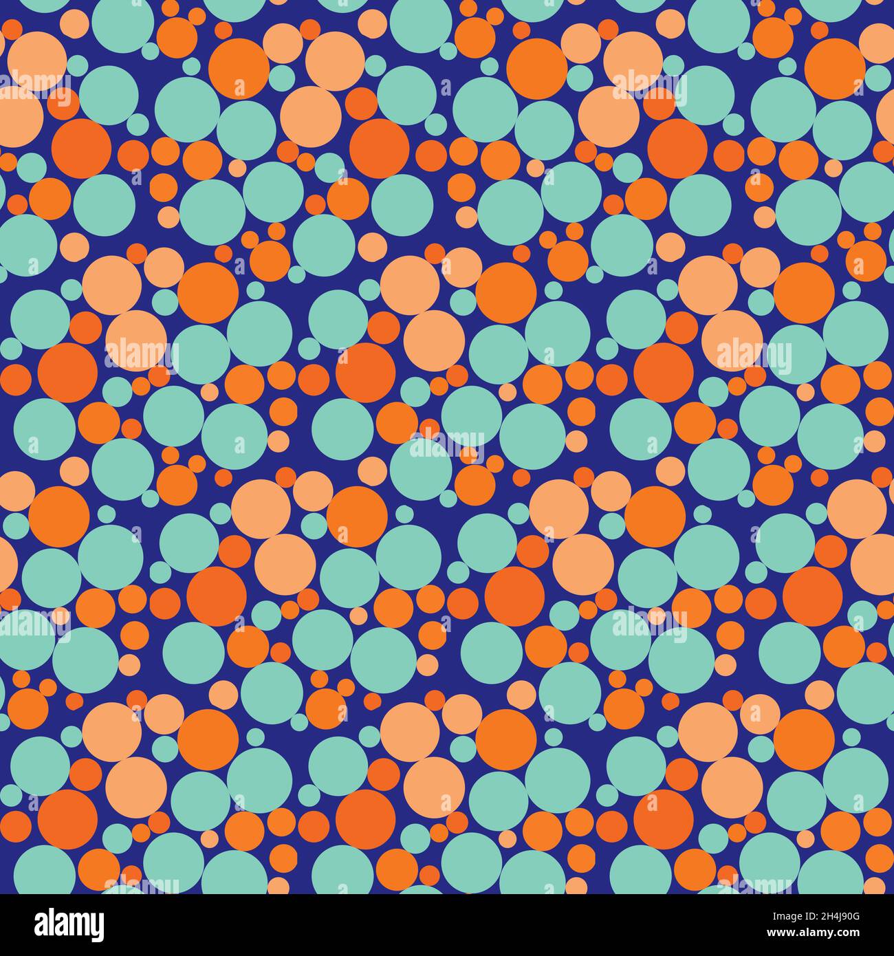 Abstrakt Blase Hexagon Vektor nahtlose Muster Hintergrund. Funkige Kulisse mit Kreisen im Honeycome-Stil in Neonorange, Blau und Indigo. Geometrische Wiederholung Stock Vektor