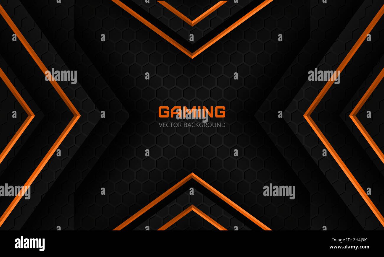 Futuristische Design-Vorlage für abstraktes Gaming-Banner in Schwarz und Orange mit sechseckiger Kohlefaser. Sechseckiges Dark-Tech-Konzept Stock Vektor