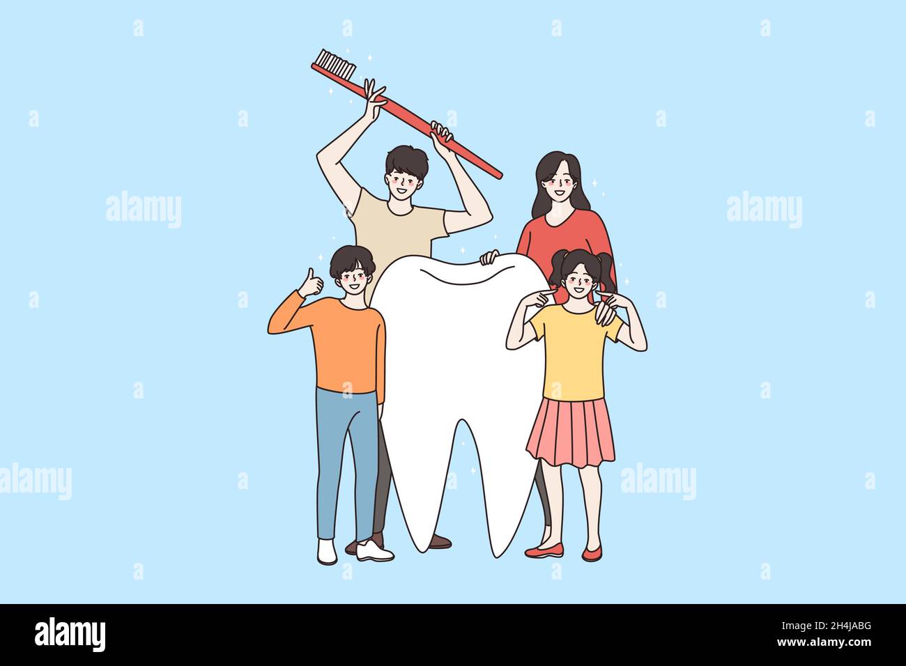 Glückliche junge kaukasische Familie mit Kindern stehen neben riesigen Zahn fördern Zahnhygiene und Pflege. Lächelnde Eltern mit Kindern empfehlen Mundpflege. Zahnarztbehandlung. Flache Vektorgrafik. Stock Vektor