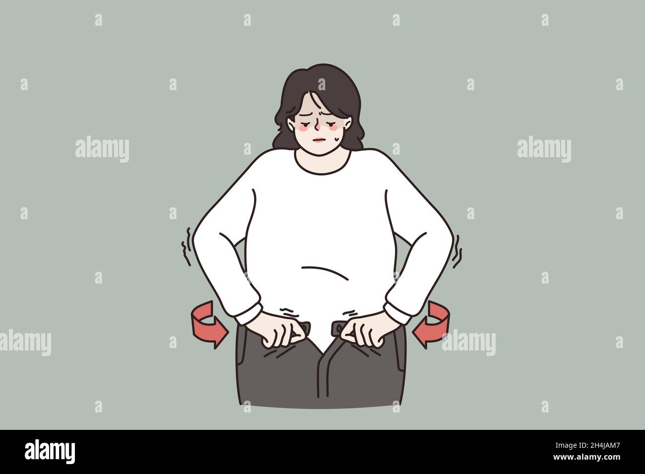 Unglücklich übergewichtige Frau nicht in der Lage, Jeans zu befestigen, müssen Gewicht verlieren, um den Körper fit zu halten. Fette Frauen leiden unter übermäßigem Körpergewicht. Ernährung, gesunde Lebensweise Konzept. Flache Vektorgrafik. Stock Vektor