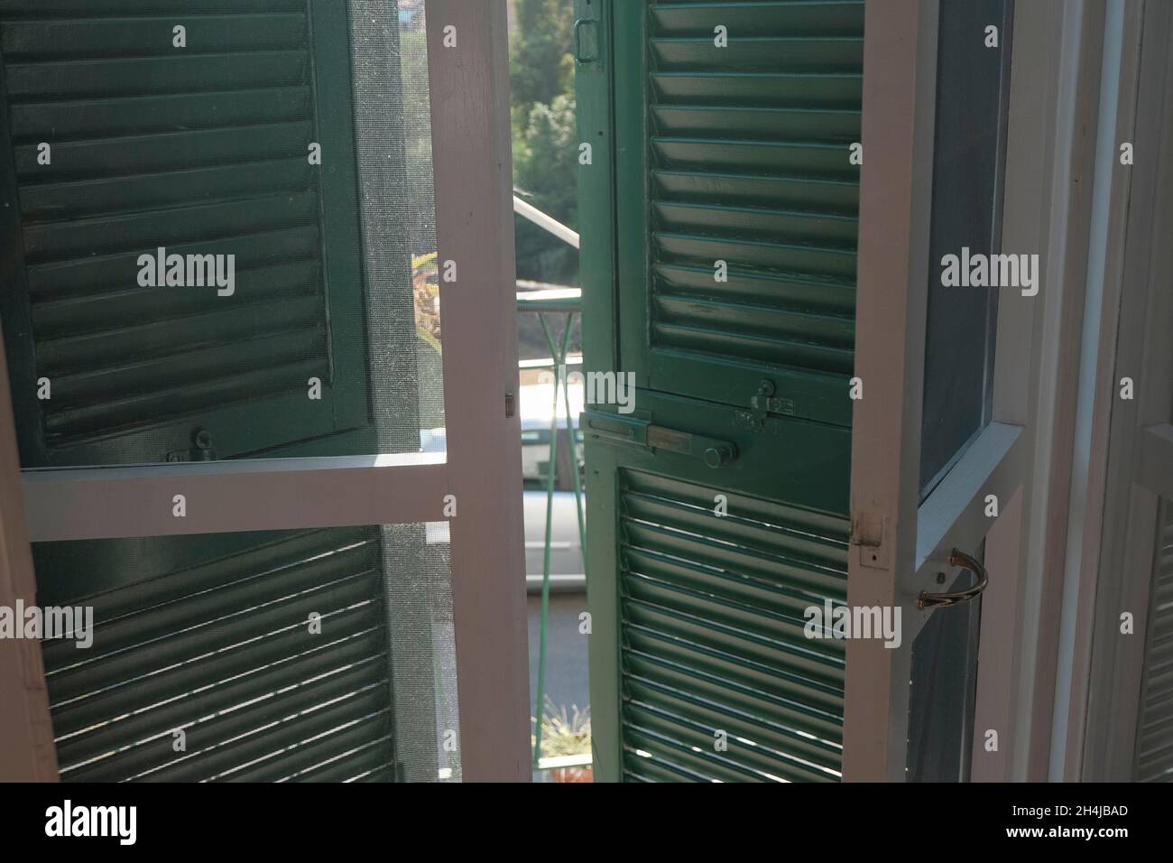 Weiße Fenster mit grünen Jalousien im Inneren des Gebäudes auf einer sonnigen Straße. Inneneinrichtung Stockfoto