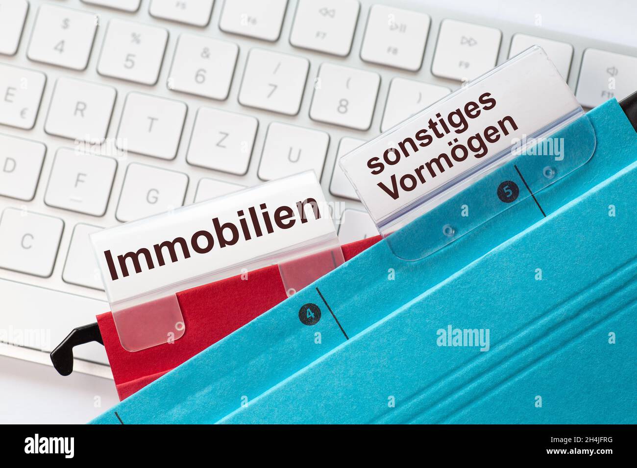 Die deutschen Wörter fürImmobilien und andere Vermögenswerte sind auf den Etiketten eines roten und blauen Hängeseppels zu sehen. Die hängenden Ordner befinden sich auf einem Computer ke Stockfoto