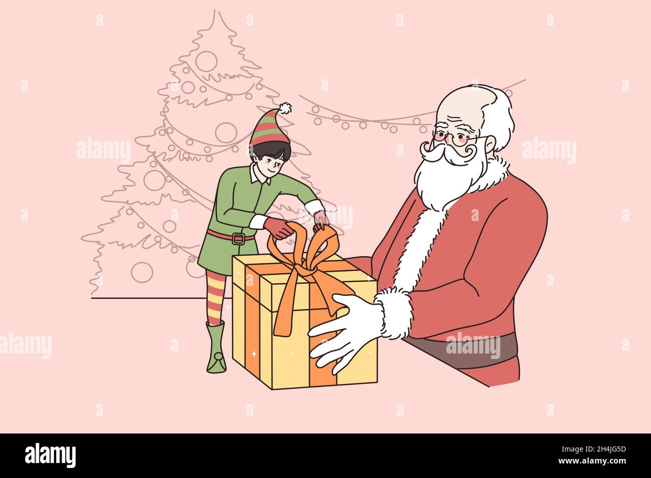 Kleine Elfe helfen lächelnd Weihnachtsmann Pack Silvester Geschenke für Kinder. Kleine glückliche Helfer und Vater Weihnachten bereiten Geschenke Überraschungen für Kinder im Winterurlaub. Vektorgrafik. Stock Vektor