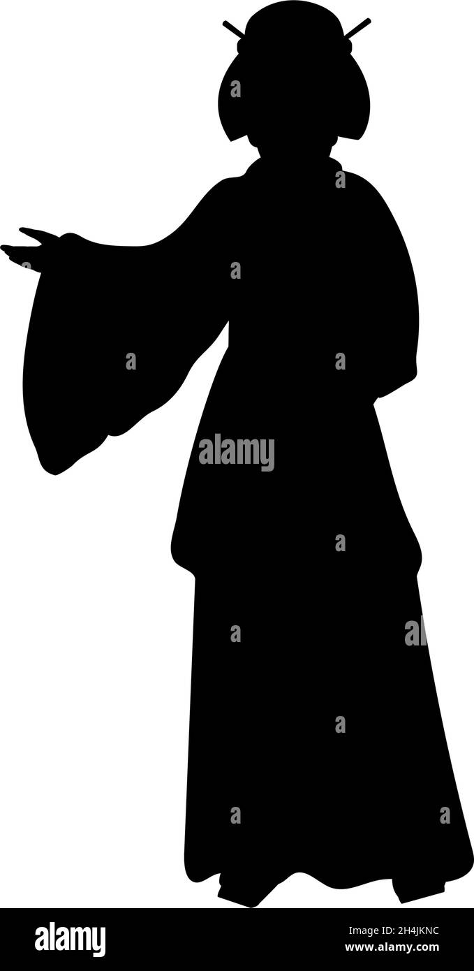 Silhouette einer Frau im nationalen asiatischen Kostüm zeigt mit der Hand. Stock Vektor Silhouette einer Frau im nationalen asiatischen Kostüm zeigt mit der Hand. Stock Vektor
