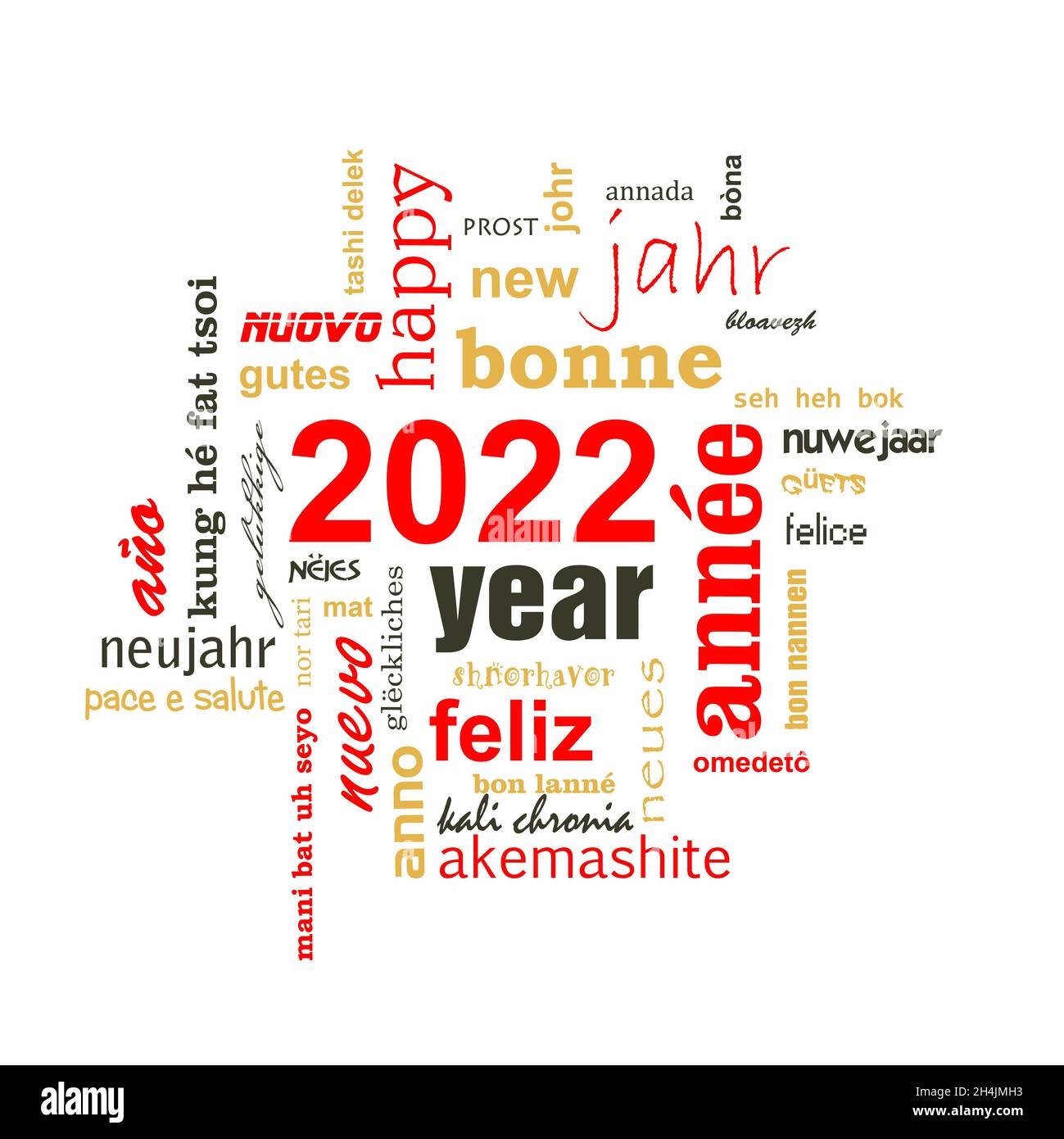 2022 Neujahr mehrsprachige Textwort Wolke Quadrat Grußkarte Stockfoto