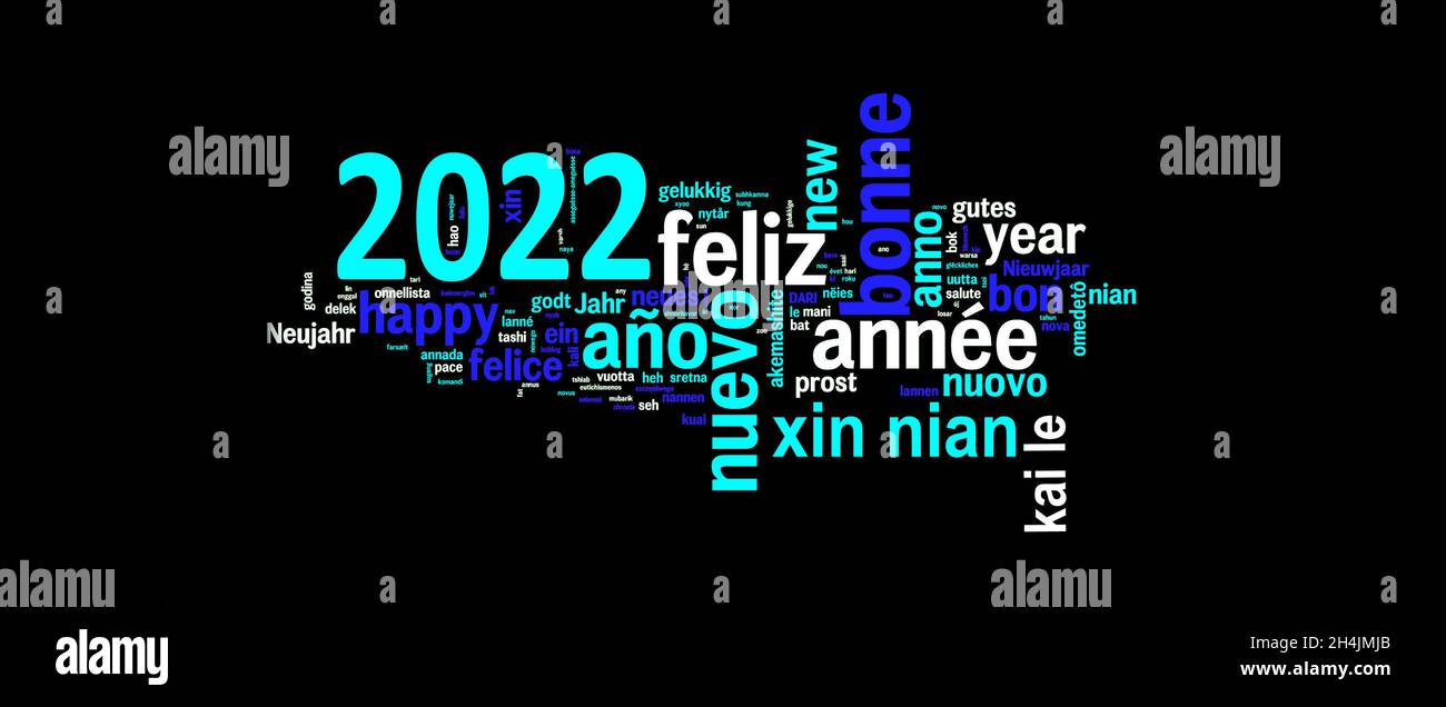 2022 Grußkarte auf schwarzem Hintergrund, Neujahr in viele Sprachen übersetzt Stockfoto