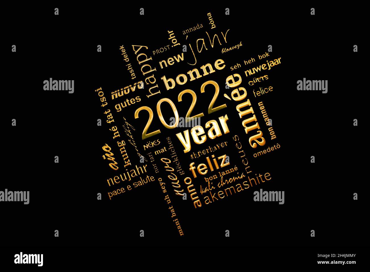 2022 Neujahr mehrsprachige goldene Textwort Wolke Quadrat Grußkarte auf schwarzem Hintergrund Stockfoto