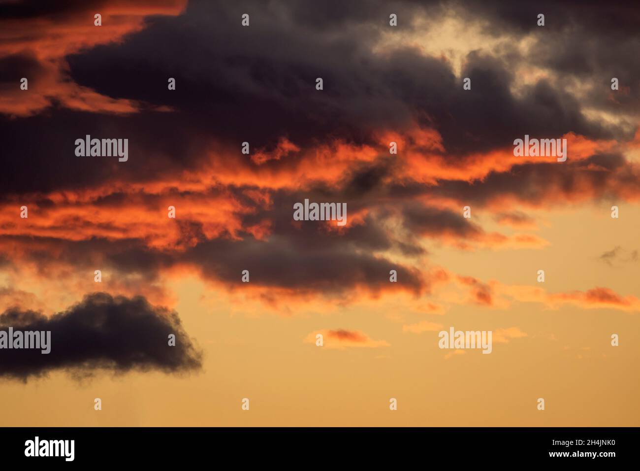 Dramatische stürmische Wolkenlandschaft, die von der untergehenden Sonne während des Sonnenuntergangs in der estnischen Natur erleuchtet wird Stockfoto