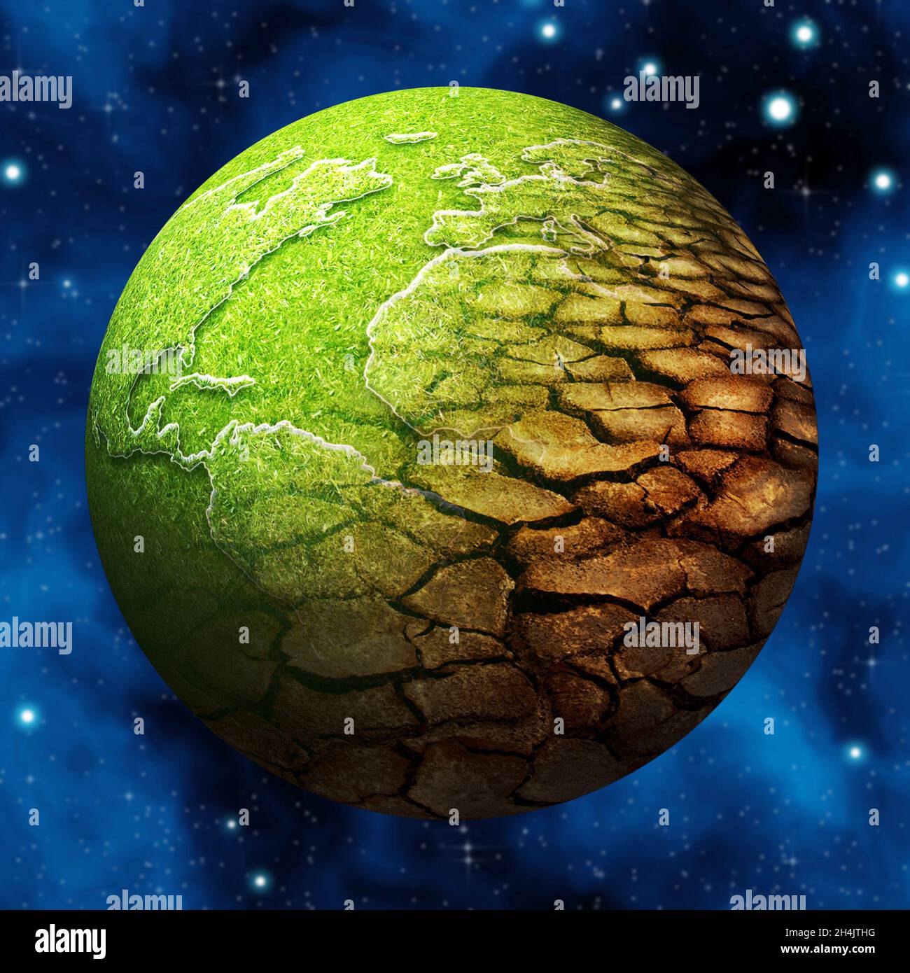 Planet Erde halb grün halb trocken, Konzept der globalen Erwärmung Stockfoto