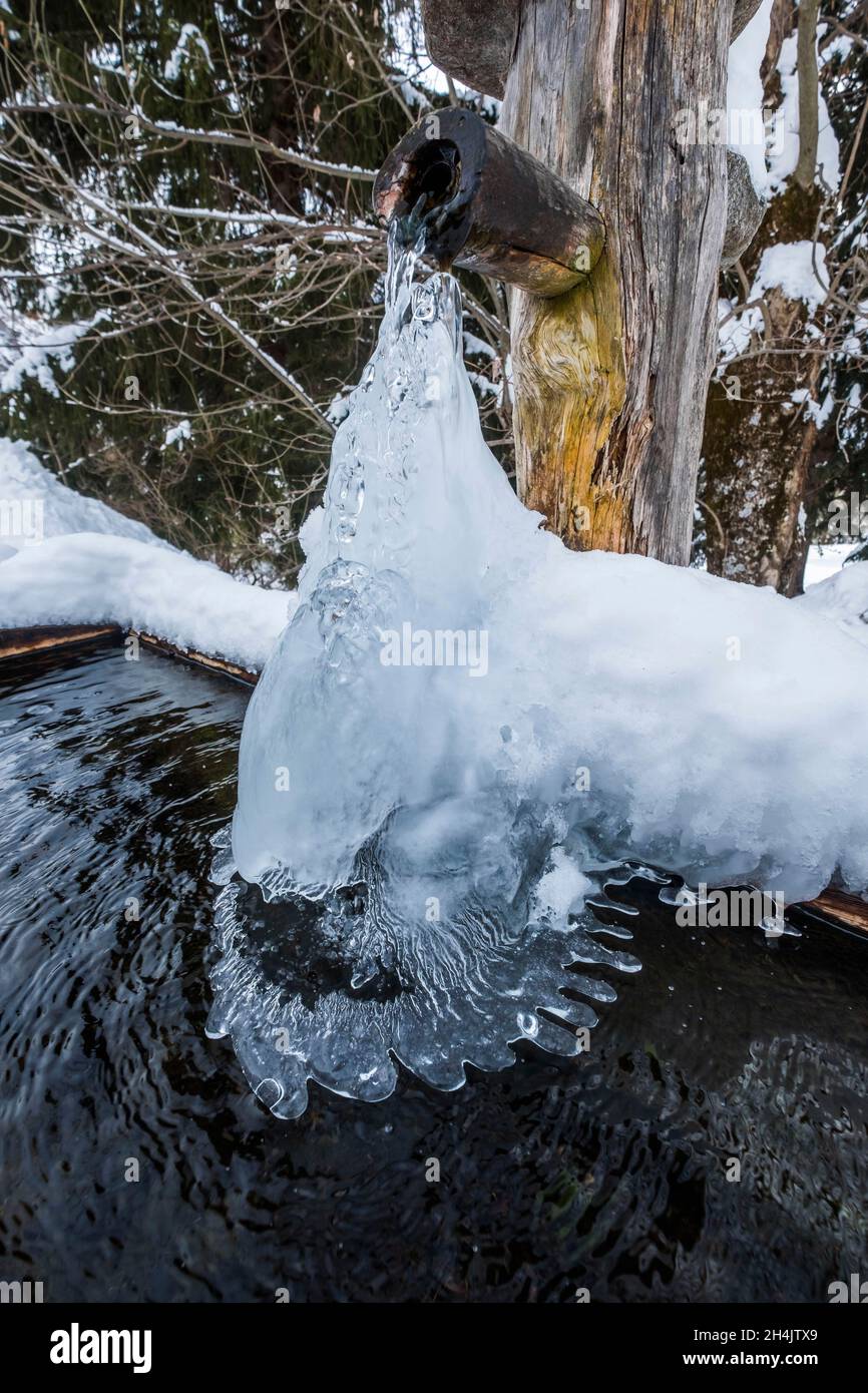 Frankreich, Hautes-Alpes, Champsaur, Tal von Champol?on, Dorf der Borels, val of Tourond, Eiswasserfall von La Pisse, berühmt für seine lebendige blaue Farbe in den kältesten Wintermonaten Stockfoto