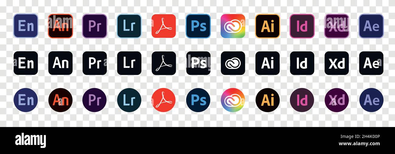 Kiew, Ukraine - 6. November 2021: Logo-Satz von adobe-Produkten. Redaktionell. Stock Vektor