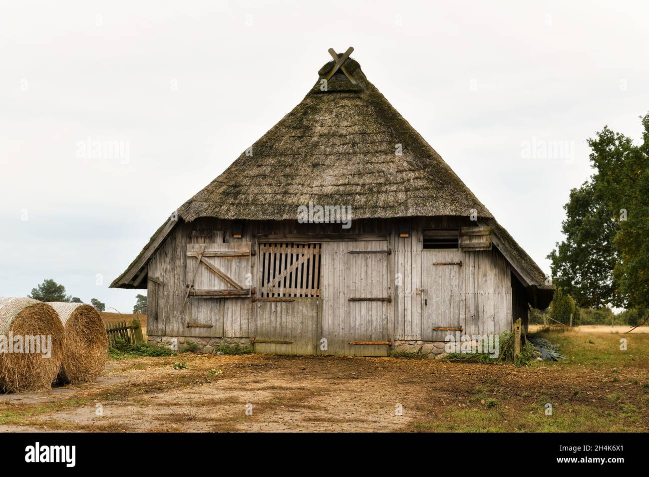 Alte reetgedeckte Scheune, historischer Schafstall. Romantische Landschaft des Naturparks Lüneburger Heide, Lüneburger Heide, Norddeutschland. Stockfoto