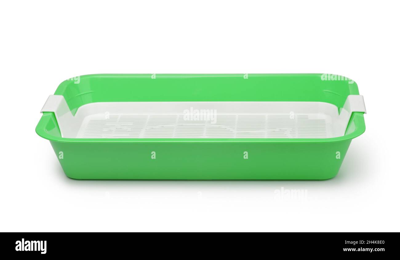 Seitenansicht des leeren grünen Katzentoilers aus Kunststoff isoliert auf Weiß Stockfoto